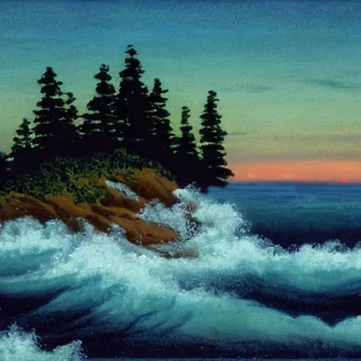 Image similar to midnight shores of the lighthouse island, bob Ross