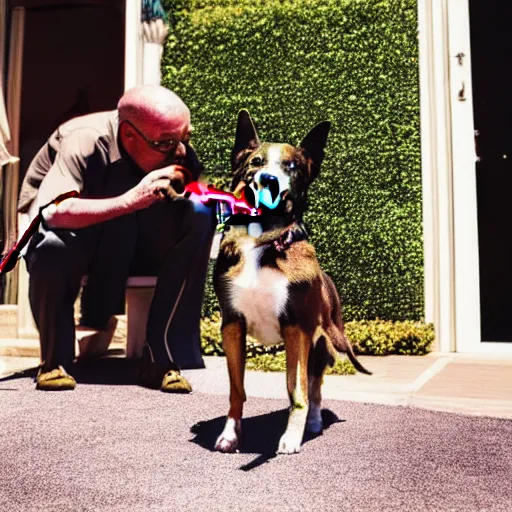 Image similar to a very detailed photo of a dog smoking a cigar outside the mansion by the pool