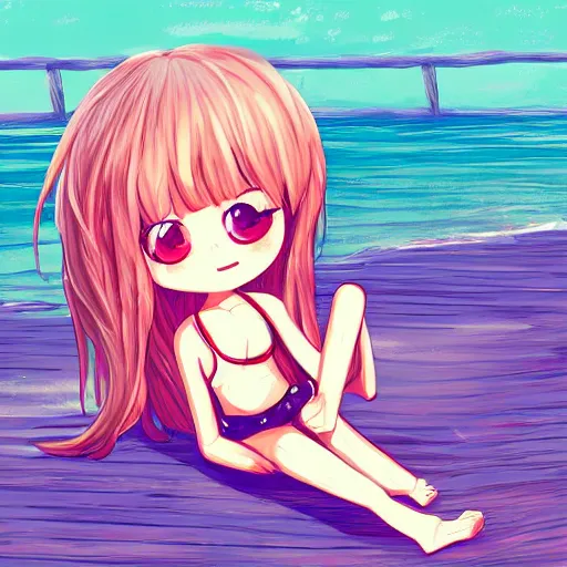 Prompt: chibi anime character, chilling on the beach, lofi colors, digital painting, super detailed