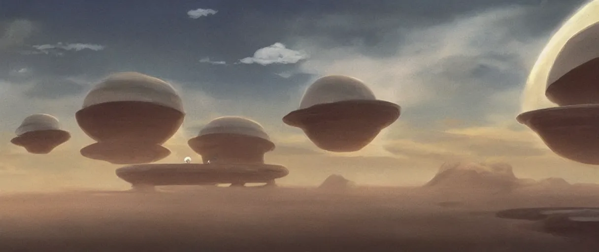 Image similar to floating islands in sky, concept art, low angle, cinematic, style of ralph mcquarrie