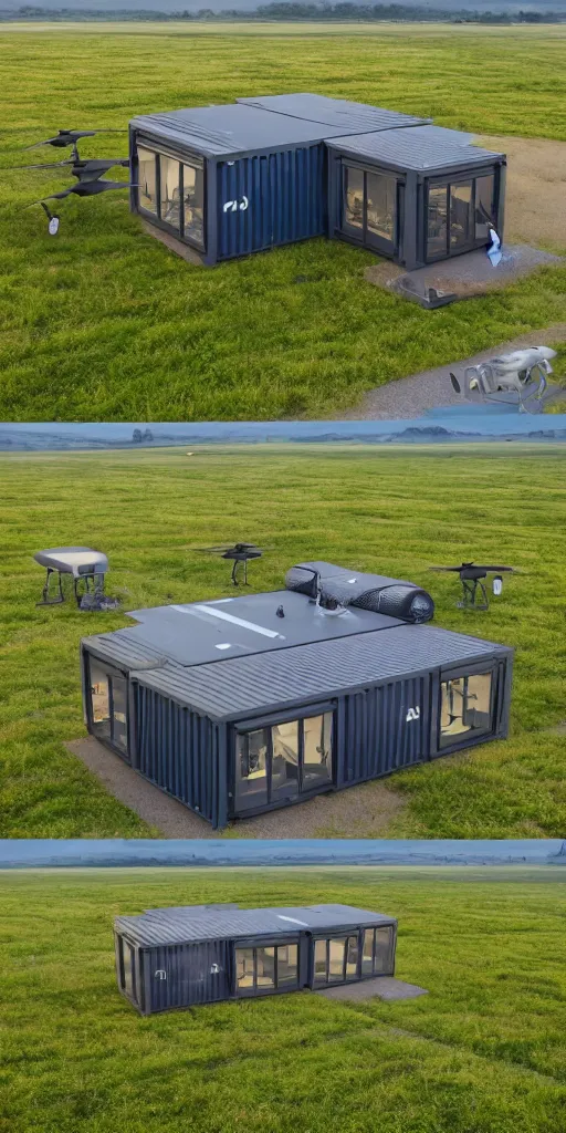Image similar to a mechanical highly detailed shipping container converted to a modern house with drone propellers on top of the house the entire thing is hovering shown from a distance over a field centered perfect symmetry cinematic lighting