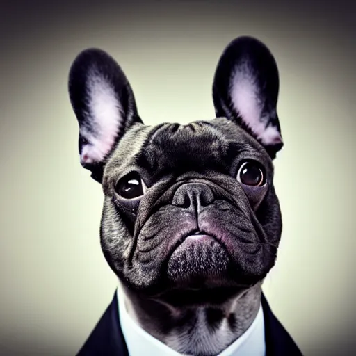 Image similar to french bulldog wearing businessman attire, studio lighting