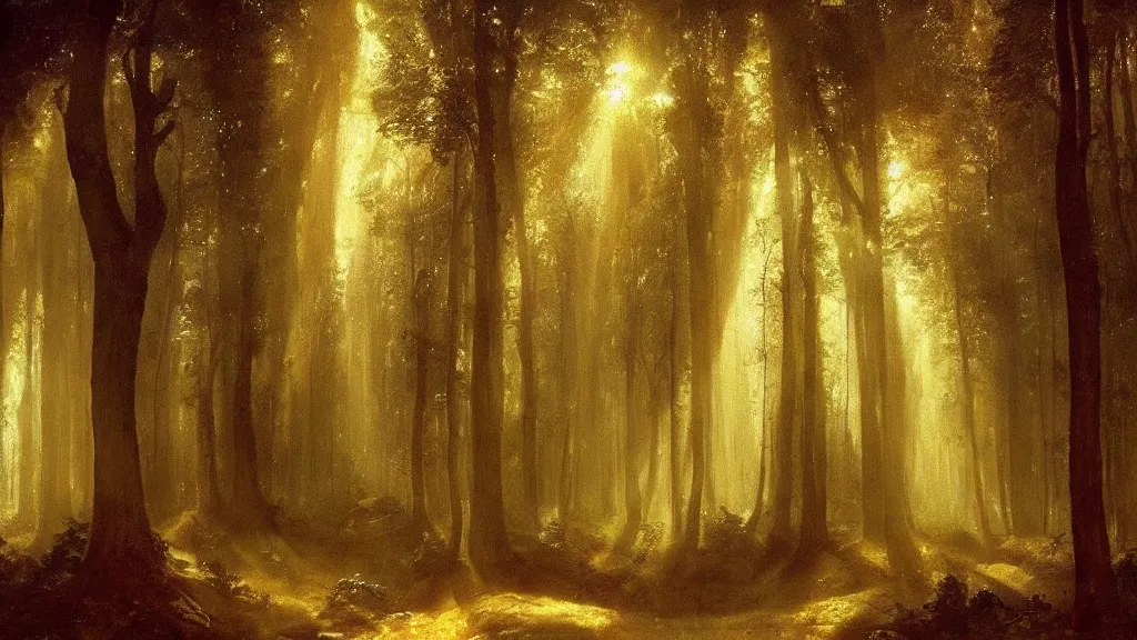 Prompt: A Leonardo da Vinci oil painting of a hauntingly beautiful elven forest in the morning; rays of light coming through the canopy; trending on artstation; extraordinary masterpiece!!!!!!; 8k