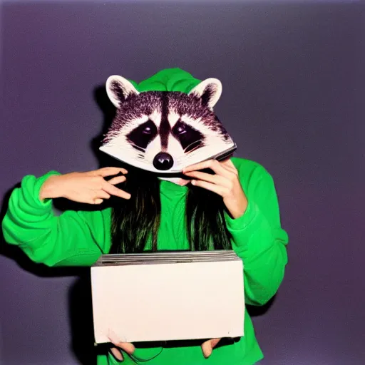 Image similar to medium shot, photo of a girl in a detailed hyperrealistic raccoon mask, wearing a green hoodie, holding a pile of vinyl records, 8 0 - s, polaroid photo, by warhol,