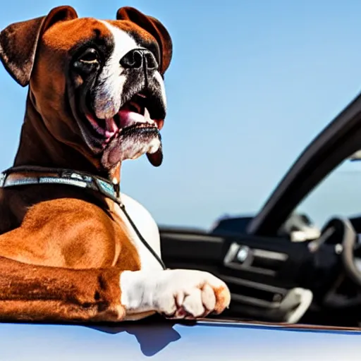 Prompt: a boxer dog smiling wearing black aviator sunglasses, driving a convertible, award winning, high quality, sunny day