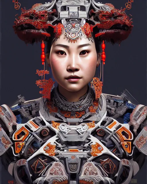 Image similar to portrait of a machine from horizon zero dawn, machine face, upper body, decorated with chinese opera motifs, asian, traditional chinese art, intricate, elegant, highly detailed, digital painting, artstation, concept art, smooth, sharp focus, illustration, art by artgerm and greg rutkowski and alphonse mucha, 8 k