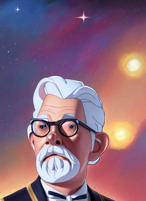 Image similar to cute star trek officer colonel sanders, natural lighting, path traced, highly detailed, high quality, digital painting, by don bluth and ross tran and studio ghibli and alphonse mucha, artgerm