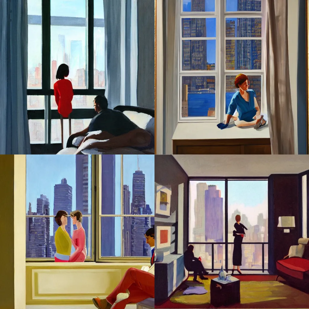 Prompt: painting of young couple in expensive looking apartment with large windows overlooking manhattan, by paul wonner, detailed, beautiful