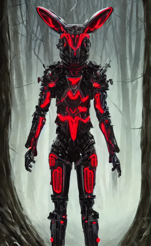 Prompt: Full body portrait of a cyborg rabbit assassin standing in the forest, in black carbon and red fiber sci-fi armor, light coming off of the armor, tech wear, sci-fi, intricate, elegant, highly detailed, digital painting, artstation, concept art, smooth, sharp focus, illustration, trending on art station, dynamic lighting, cinematic, ultra detailed, fantasy concept art