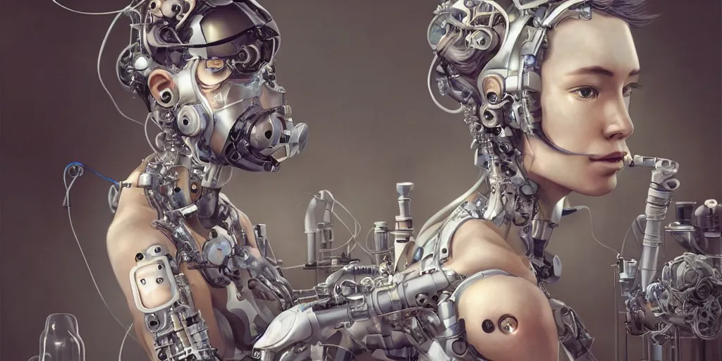 Image similar to hyperrealistic photography of a female scientist cyborg constructing a time machine in the style of Jin Kagetsu, James Jean and wlop, highly detailed, masterpiece, award-winning, sharp focus, intricate concept art, digital painting, ambient lighting, 4k, artstation