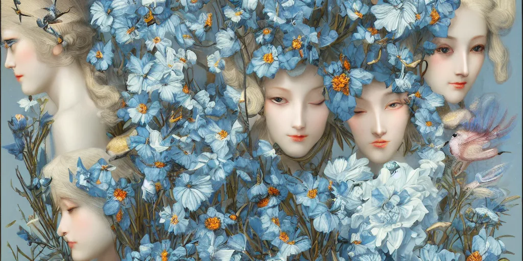 Image similar to breathtaking detailed concept art painting art deco pattern of blonde faces goddesses amalmation light - blue flowers with anxious piercing eyes and blend of flowers and birds, by hsiao - ron cheng and john james audubon, bizarre compositions, exquisite detail, extremely moody lighting, 8 k