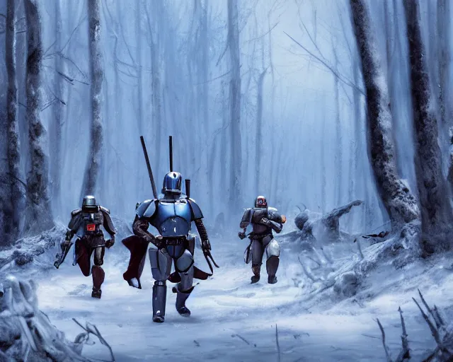 Prompt: jango fett mandalorian bounty hunter is surrounded by dead corpses bodies with blood in a snow forest, concept art highly detailed, great cinematic lighting, octane render, 8 k, depth of field, 3 d, art by greg rutkowski, trending on artstation, cinematographic shot