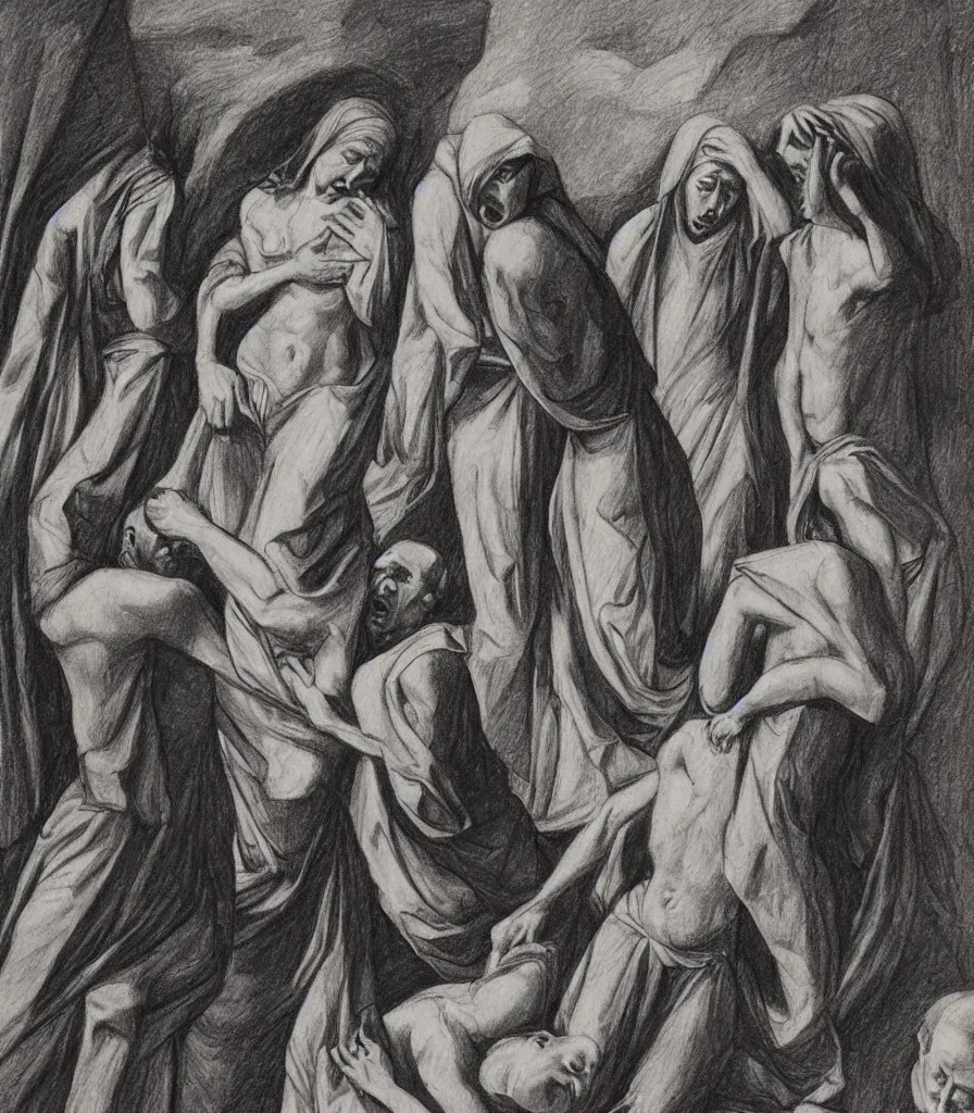 Prompt: a drawing of three maria's crying at the death of christ