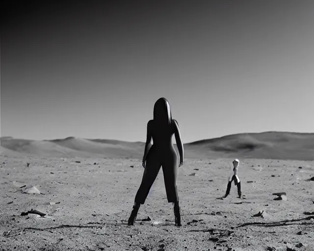 Image similar to film still kim kardashian meeting an alien, on the moon, 5 0 mm.