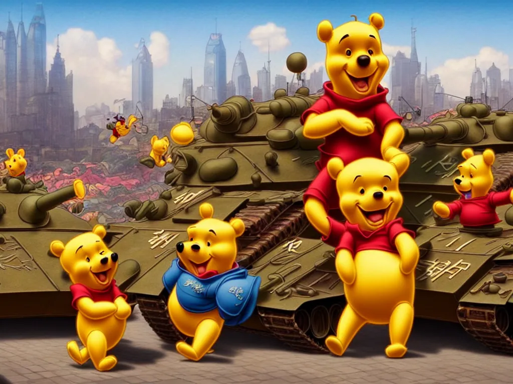 Image similar to winnie the pooh with tanks at tiananman square, cute and cuddly, highly detailed, photorealistic, octane render, 8 k, unreal engine. art by artgerm and greg rutkowski and alphonse mucha