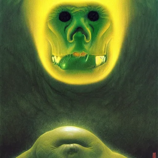 Image similar to Angry face made of yellow Swiss cheese, dark fantasy, green background, artstation, painted by Zdzisław Beksiński and Wayne Barlowe