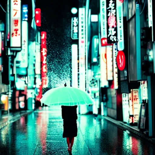 Image similar to a woman holding an umbrella, walking down the streets of tokyo, with neon signs, while it's raining. cinematic lighting, digital art. award winning.