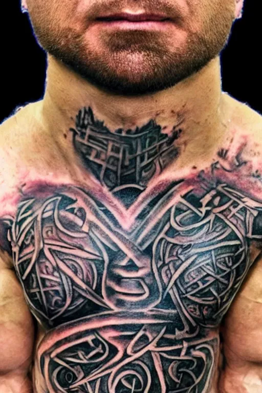 Prompt: Photorealistic frontal standing pose portrait of a muscular man chest and torso heavily tattooed with Elvish runes, letters and symbols, all his skin is covered by tattoos, from face to neck to toe, surrounded by magic lightings overlays, Intricate, concept art, magic lighting overlays, magical portal opened, D&D!, fantasy style, sharp focus!, ultra detailed, art by Artgerm and Peter Andrew Jones, WLUP, Magali Villeneuve