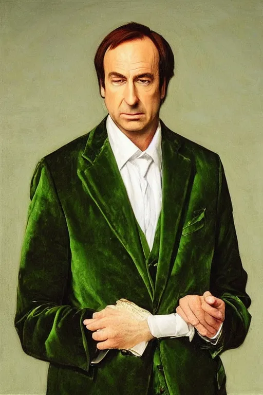 Prompt: “ saul goodman wearing a green velvet prada suit, caravaggio oil painting, high detail, shallow depth of field ”