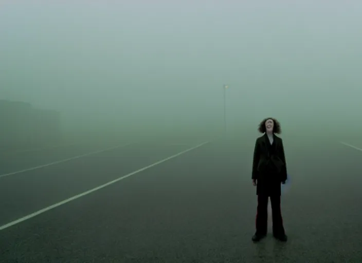 Image similar to cinematic screenshot high wide angle shot of olivia coleman standing outside in a foggy desolate eerie department store empty parking lot, one car, paranoia everywhere, scene from the tense thriller film directed by spike jonze, volumetric hazy lighting, anamorphic lens, moody cinematography, 3 5 mm kodak color ektochrome