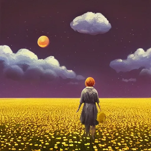 Image similar to giant daisy flower as a head, girl walking in flower field, surreal photography, moon light, dark night, dramatic, impressionist painting, clouds, digital painting, artstation, simon stalenhag