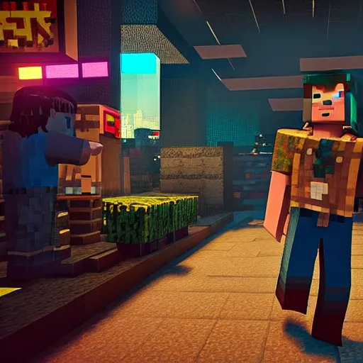 Image similar to Steve from Minecraft in Cyberpunk 2077