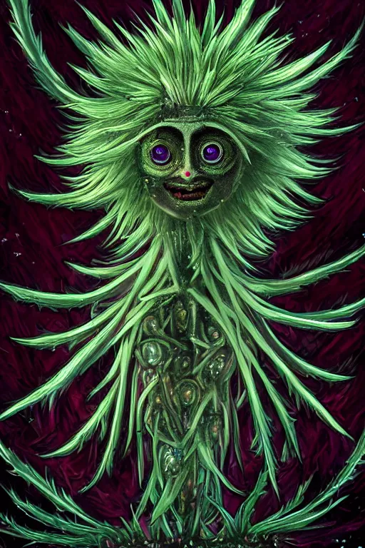 Image similar to a humanoid figure thistle dandelion monster with eyes, radiation glow, highly detailed, digital art, sharp focus, trending on art station, artichoke, anime art style