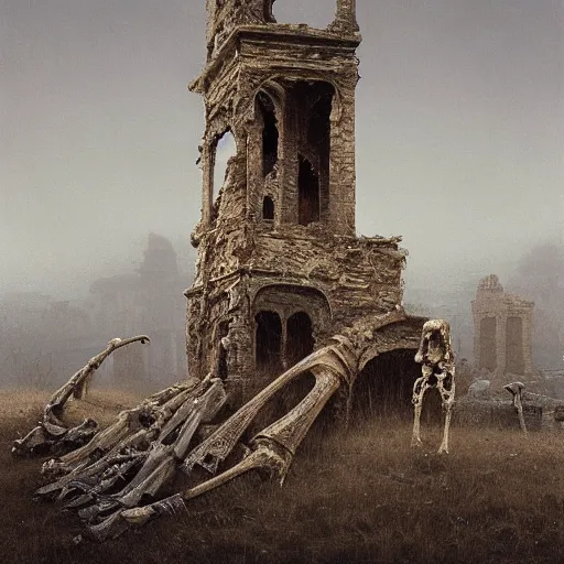 Prompt: a old victorian town ruin, made of bones and flesh, 4 k, trending on artstation, oil painting, beksinski