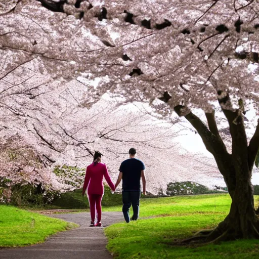 Prompt: a young man and young lady walking hand in hand with their backs turned away from the camera lens, surrounded by cherry blossom trees