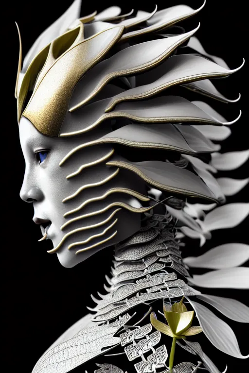 Prompt: monochrome close - up profile face, black background, beautiful young porcelain bio - mechanical vegetal - dragon - cyborg - female, white metallic armour, silver gold details, magnolia leaves and stems, roots, mandelbot fractal, 1 5 0 mm, beautiful natural soft rim light, elegant, hyper real, ultra detailed, octane render, 1 6 k