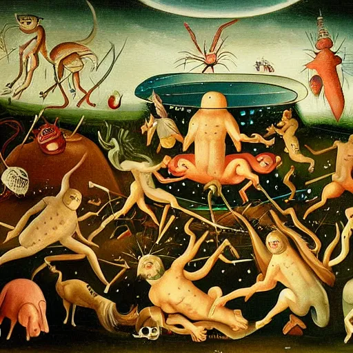 Prompt: beautiful painting of eldricht zooplancton monsters orbiting around the psyche of a sleeping man in the style of Hyeronimus Bosch