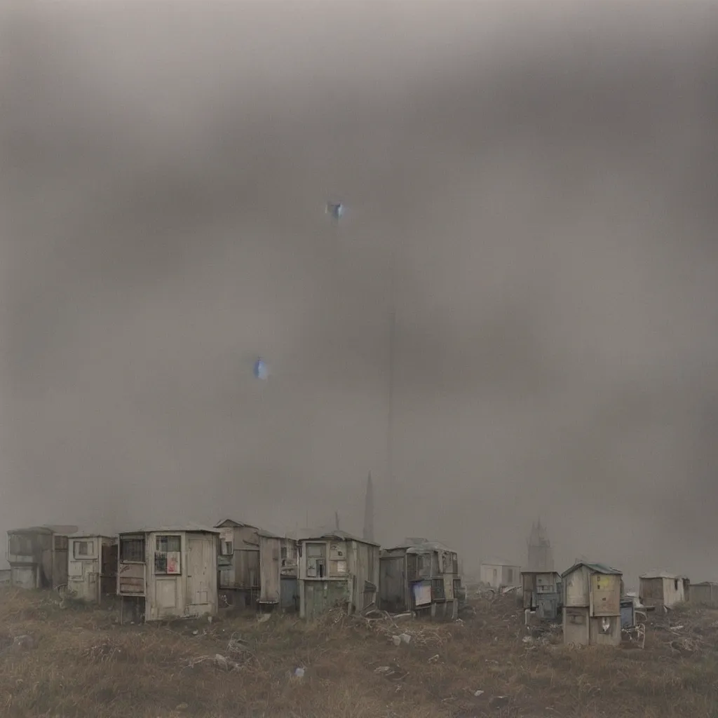 Image similar to two towers, made up of makeshift squatter shacks with pastel colours, uneven dense fog, dystopia, mamiya rb 6 7, fully frontal view, very detailed, photographed by jeanette hagglund