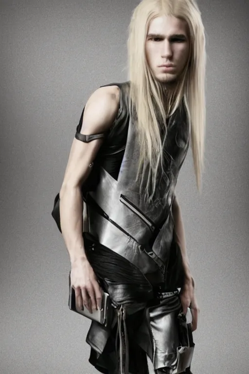 Prompt: photo quality, 8 k, rick owens, high fashion, blonde long haired model, ex machina