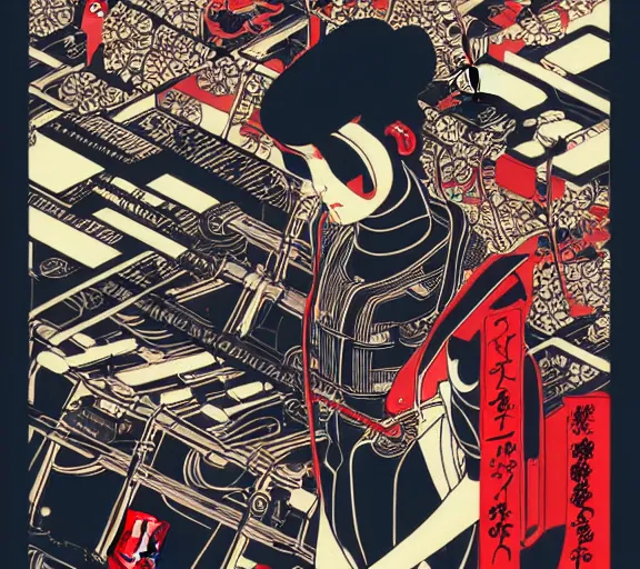 Prompt: futuristic japanese cyberpunk silk screen by utagawa yoshiiku, ohara koson, pixiv contest winner, cyberpunk style, cyberpunk color scheme, mechanical, robotic, human machine interface, high resolution, hd, 4 k