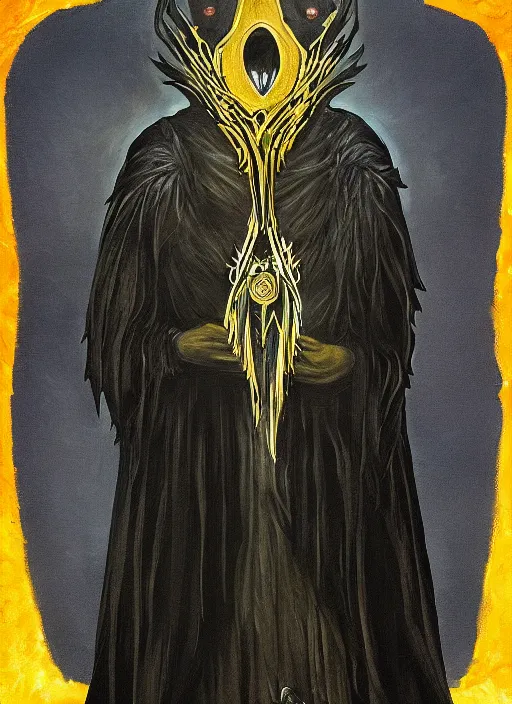 Image similar to portrait centered on a raven in a vantablack cloak and holding a symbolic weapon. painting in the style of symbolism. portrait hung up in a windows 9 8 wallpaper. r / oldschoolfantasy