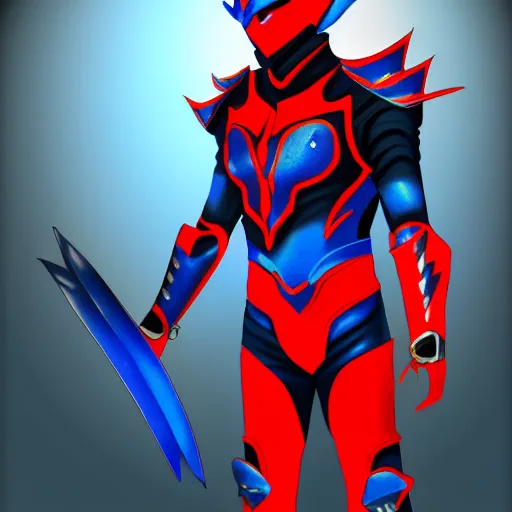 Prompt: High Fantasy Kamen Rider, blue with red secondary color, 4k, glowing eyes, daytime, charcoal color rubber undersuit, dragon inspired armor