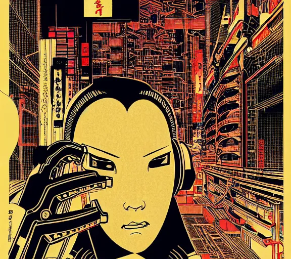 Image similar to futuristic japanese cyberpunk silk screen by utagawa yoshiiku, ohara koson, pixiv contest winner, cyberpunk style, cyberpunk color scheme, mechanical, robotic, human machine interface, high resolution, hd, 4 k