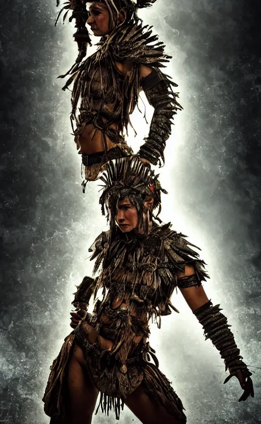 Image similar to fight portrait ancient shaman tribeswoman in battlerage, destroyed armor inspired by monster hunter, low shot, muscular body, symmetrical face, clean face, subtle make up, destruction around her, frozen time,dramatic lighting, cinematic, establishing shot, extremely high detail, photorealistic, 300 the movie,monster hunter the movie, dune the movie, cinematic lighting, artstation, octane render, western,old photo, vintage