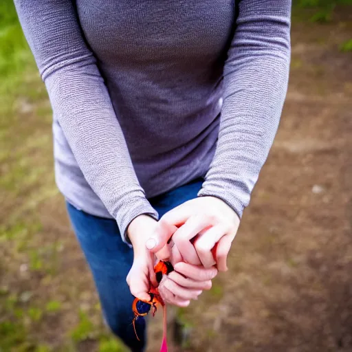 Prompt: a woman going for walk, holding hands with a spider.
