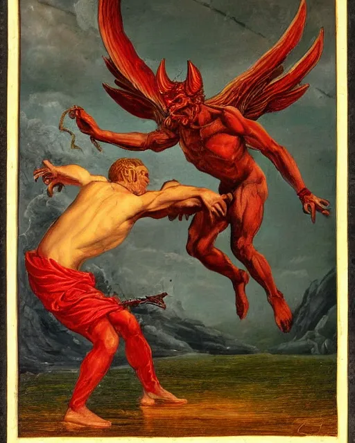 Prompt: devil fights angel, high detail, extremely detailed, very sharp, in the style of jost amman,