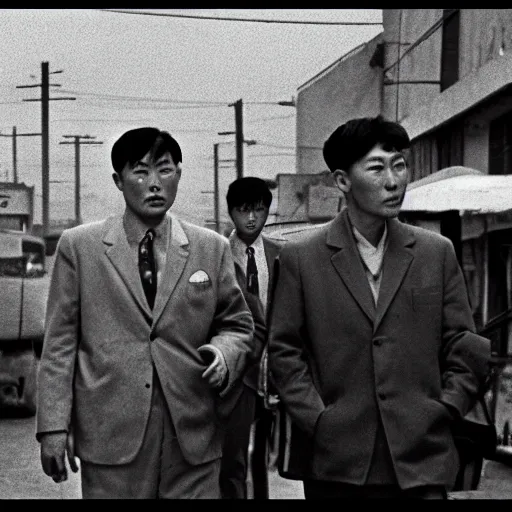 Image similar to 1950s Korean thriller film noir, a view of Shin Sang-ok in the middle of an empty scene, 35mm film, Cooke Varotal 20-100 T3.1