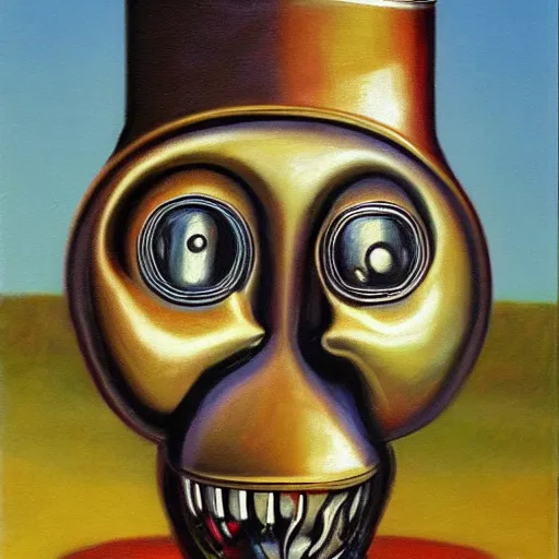 Image similar to a tin can character with a face and arms, opening its mouth, surrealist oil painting