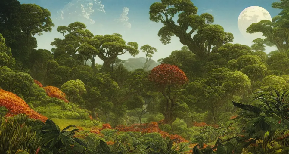 Prompt: a landscape on the moon with many craters, huge woodlouse, a beautiful flowering garden, a lot of exotic vegetations, trees, intricate detaild, pale colors, 8 k, in the style of martin johnson heade and roger dean