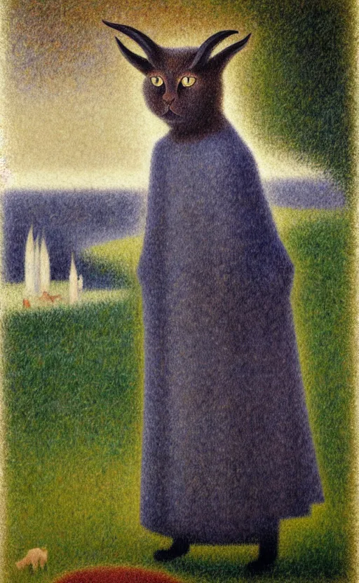 Image similar to a bipedal cat that has two goat horns and is wearing robes, matte oil painting, by georges seurat, d & d, character reveal, fantasy, concept art, cosmic, magical, fog, noble, full body portrait, intricate, ornate, extremely detailed, cult, ritual, sharp focus, 4 k, 8 k