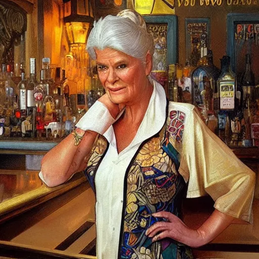 Image similar to amazing lifelike award winning pencil illustration of pat butcher behind the bar in the Queen Vic pub trending on art station artgerm Greg rutkowski alphonse mucha cinematic