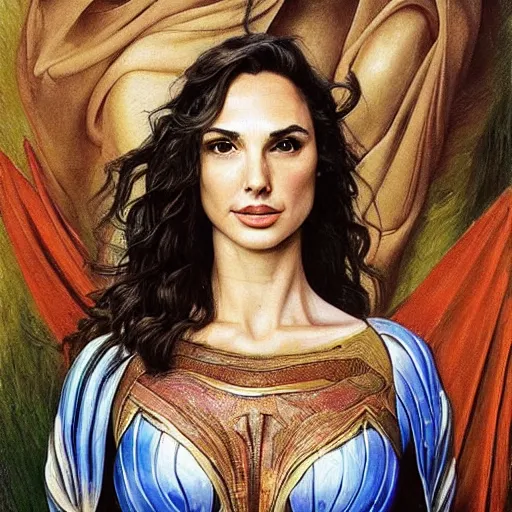 Prompt: Full body oil painting of the beautiful woman Gal Gadot, she is wearing some withe ancient roman cloths and a surreal ornate, her hair is natural disheveled, naturalism, dramatic lighting, high-detailed oil painting by Ilya Repin, Michelangelo da Caravaggio, William Blake, Alex Grey and Beksinski, trending on Artsatio, masterpiece, 4k, 8k,