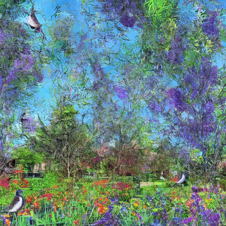 Image similar to babylon gardens, outside view, fantastical, award winning. digital art, flocks of birds, clear day