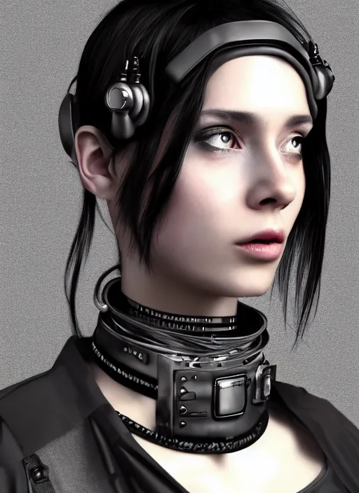 Image similar to detailed realistic female character cyberpunk wearing thick technological collar around neck, realistic, art, beautiful, 4K, collar, choker, collar around neck, punk, artstation, detailed, female, woman, choker, cyberpunk, neon, punk, collar, choker, collar around neck, thick collar, tight around neck, punk,