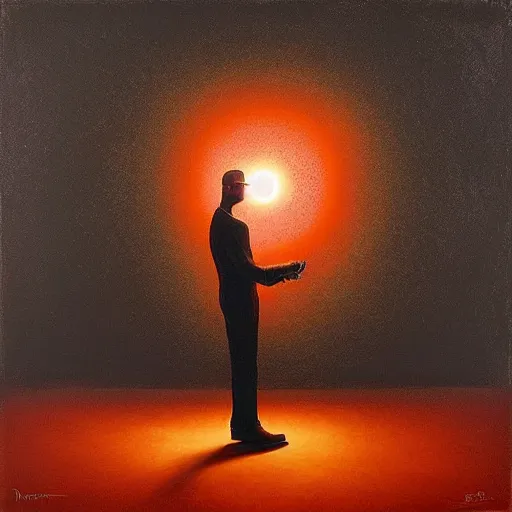 Prompt: A art installation. A rip in spacetime. Did this device in his hand open a portal to another dimension or reality?! bright orange by Ray Donley evocative