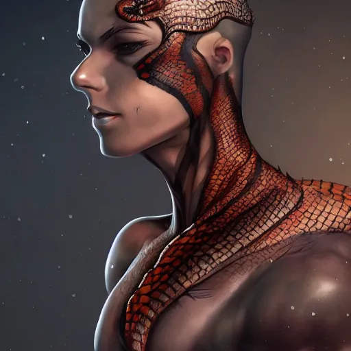 Prompt: snake human hybrid, chest up human lower half snake, black scales, bright amber eyes, chest covered in scales, scales on her chest, formless brests, flat chest, smileing nright, cinematographic shot, artstation, haahn trinh, naga